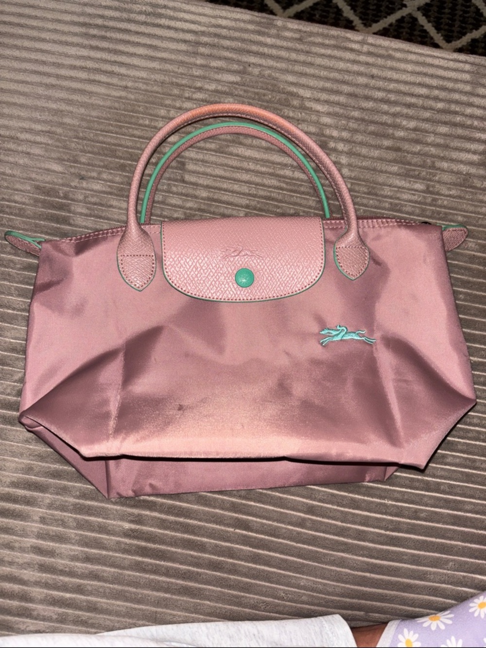 Longchamp pink tote with mint trim